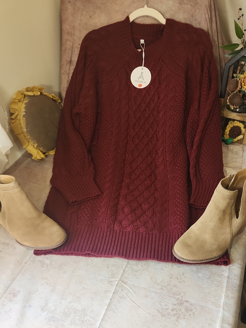 ANDREA FENZI Burgundy Cable Knit Long Sleeve Sweater Dress